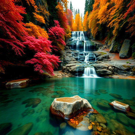 Beautiful waterfall in the autumn forest with colorful trees and blue water.の写真素材
