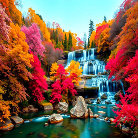 Waterfall in autumn forest. Colorful trees and waterfalls.の写真素材