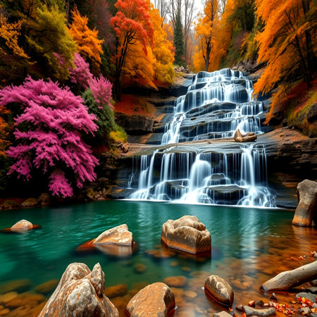 Beautiful waterfall in the autumn forest. Colorful autumn landscape.の写真素材