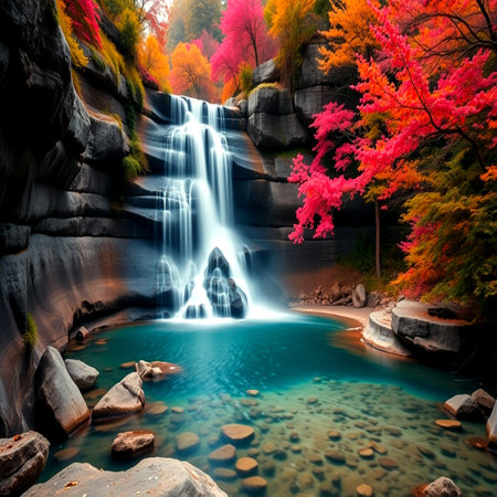 Beautiful waterfall in autumn forest with colorful leaves. Beauty in nature.の写真素材