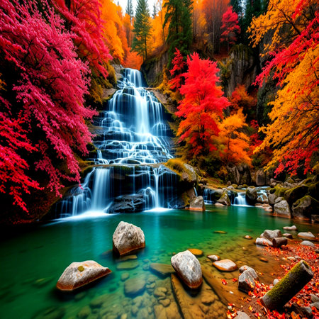 Beautiful waterfall in autumn forest. Colorful forest with waterfall.の写真素材