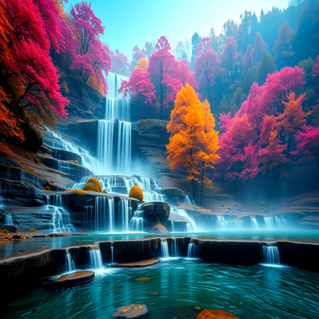 Waterfall in autumn forest. Colorful autumn forest with falling water.の写真素材