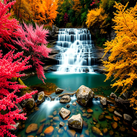 Autumn waterfall with colorful forest and rock in japanese gardenの写真素材