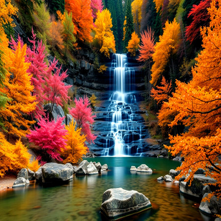 Waterfall in autumn forest with colorful leaves, beautiful nature landscape backgroundの写真素材