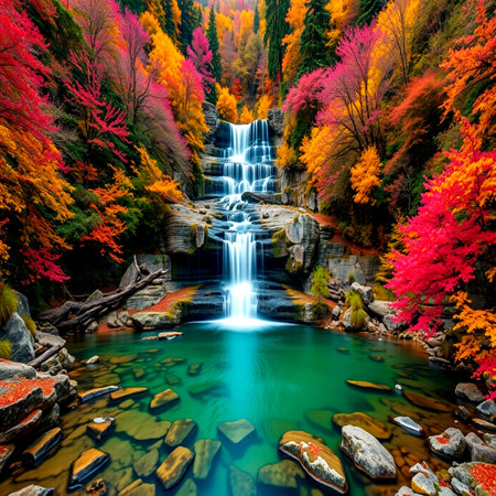Beautiful waterfall in autumn forest. Colorful autumn forest landscape.の写真素材