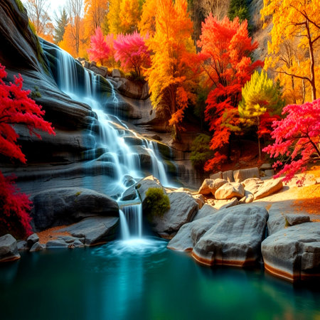 Autumn waterfall in the forest. Beautiful landscape with colorful autumn forest.の写真素材