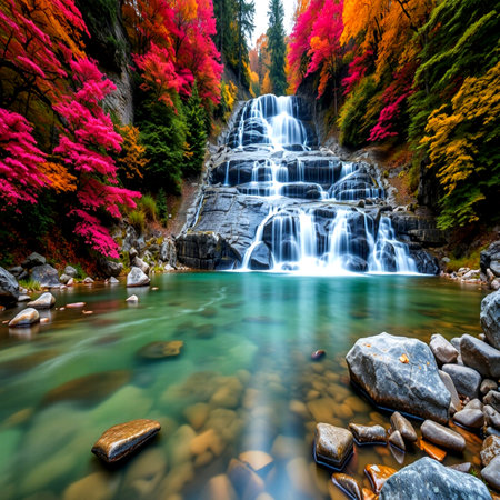 Beautiful waterfall in the autumn forest with colorful leaves and stones.の写真素材