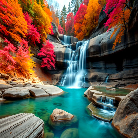 Waterfall in the autumn forest. Colorful forest with waterfall.の写真素材