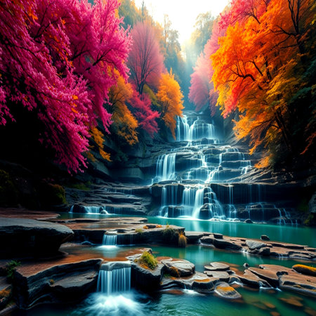 Autumn waterfall in the forest. Beautiful nature scene with colorful trees.の写真素材