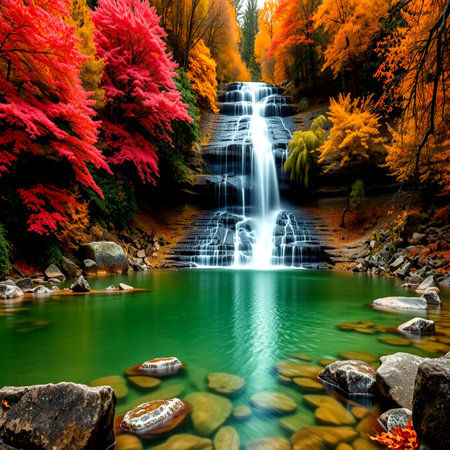 Autumn waterfall in the forest. Colorful autumn forest with waterfallの写真素材
