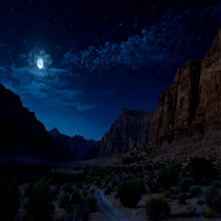 Moonlight over the desert at night. Landscape with moonlight.の写真素材