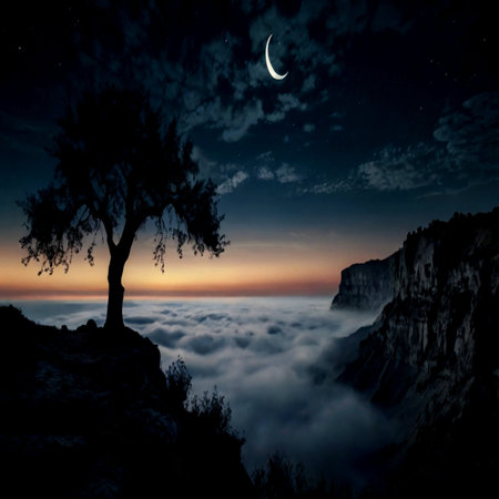 Moonlight over the sea of clouds and a tree in the foregroundの写真素材