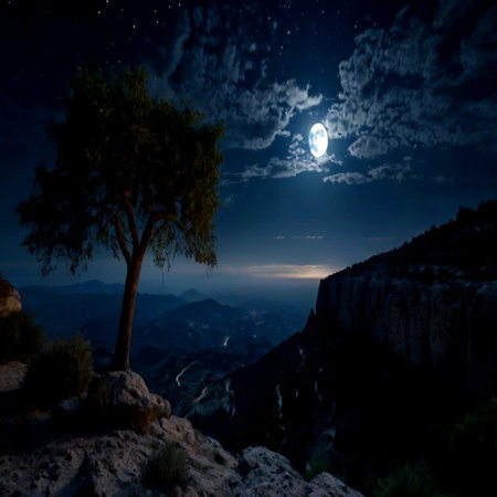 Moonlight over a lonely tree on the edge of a cliff.の写真素材