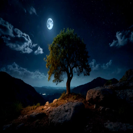 Tree in the night sky with full moon and stars.の写真素材