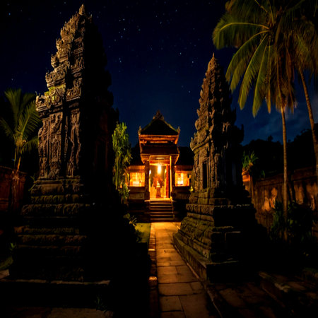 Beautiful night view of temple in Bali, Indonesiaの写真素材