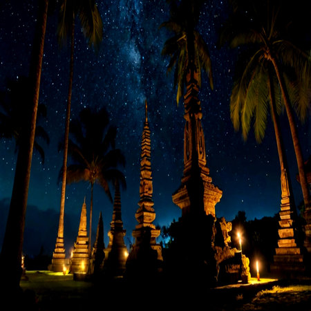 Night starry sky with stars and pagodas in Sukhothai historical park, Thailandの写真素材
