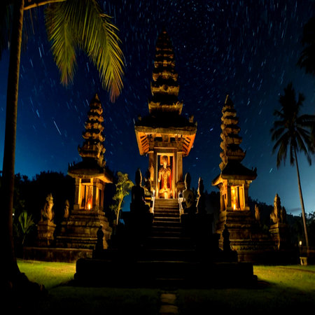 Beautiful night view of temple in Bali, Indonesiaの写真素材