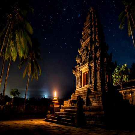 Night view of the temple in Bali, Indonesiaの写真素材