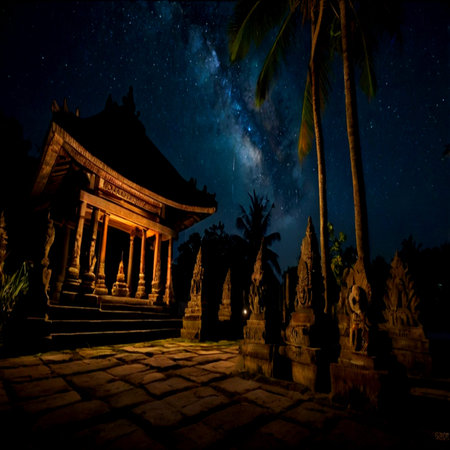 Night sky with milky way and ancient templeの写真素材