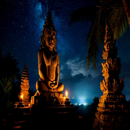 Buddha statue at night with starry sky and Milky Way.の写真素材