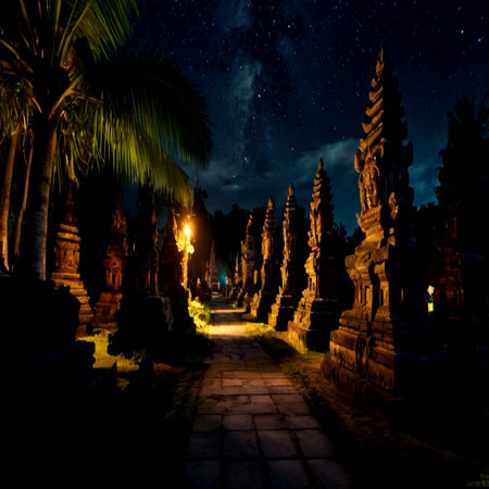 Night view of temple in Bali, Indonesiaの写真素材