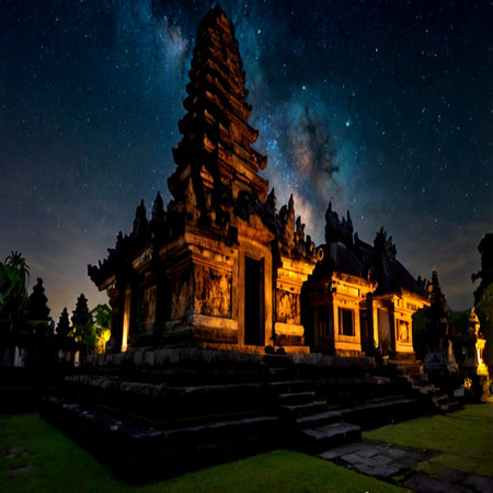 Hindu temple in Bali, Indonesia. Night sky with stars.の写真素材