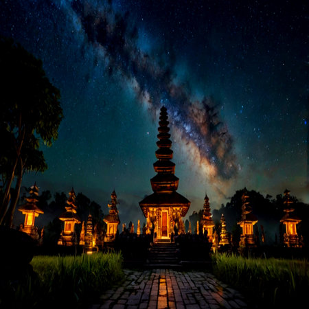 Milky Way at a temple in Bali, Indonesiaの写真素材