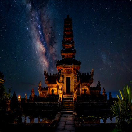 Milky Way over Temple, Bali, Indonesiaの写真素材