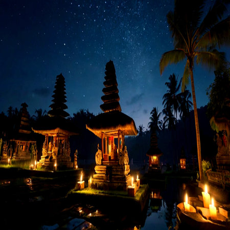Hindu temple in Bali at night with starry sky.の写真素材
