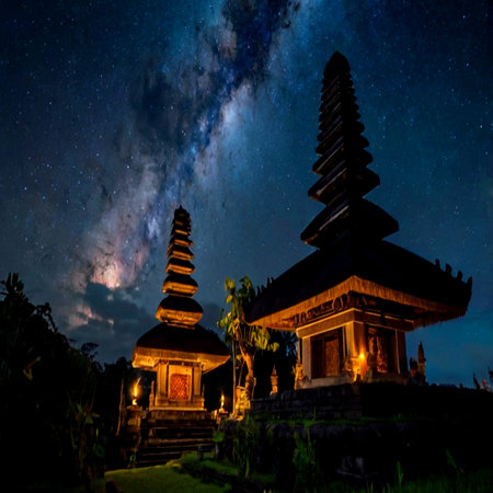 Milky Way over temple, Bali, Indonesiaの写真素材