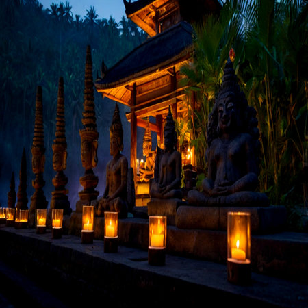 Buddha statue and candle light at the templeの写真素材