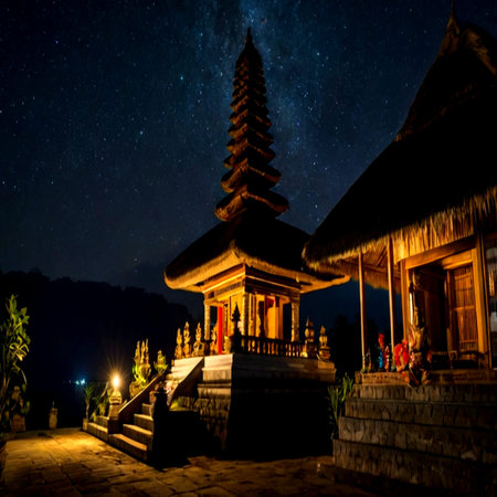 Beautiful night sky with stars and Milky Way at Pura Besakih temple, Bali, Indonesiaの写真素材