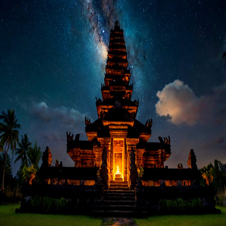 A temple in Bali at night, Indonesia.の写真素材