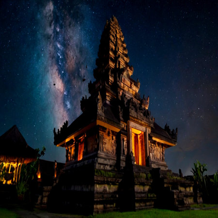 Beautiful night sky with milky way and ancient templeの写真素材