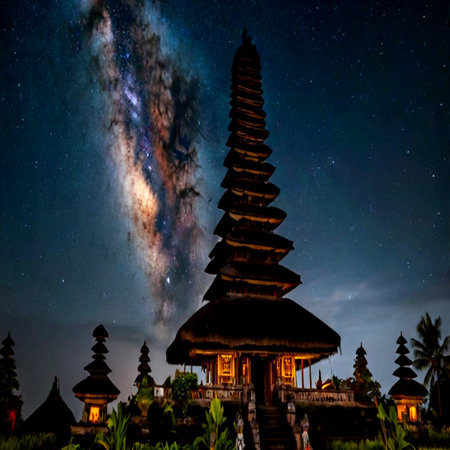 Milky Way and Temple of Pura Besakih, Bali, Indonesiaの写真素材