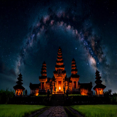 Milky Way over temple, Bali, Indonesiaの写真素材