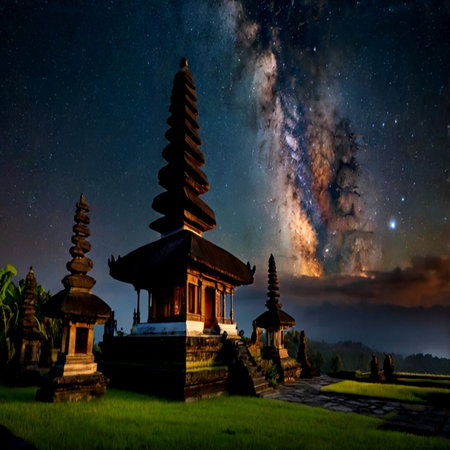 Milky Way over temple, Bali, Indonesiaの写真素材