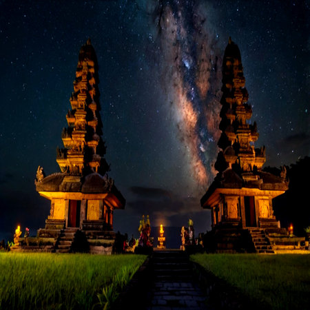 Milky Way over Pura Besakih Temple, Bali, Indonesiaの写真素材