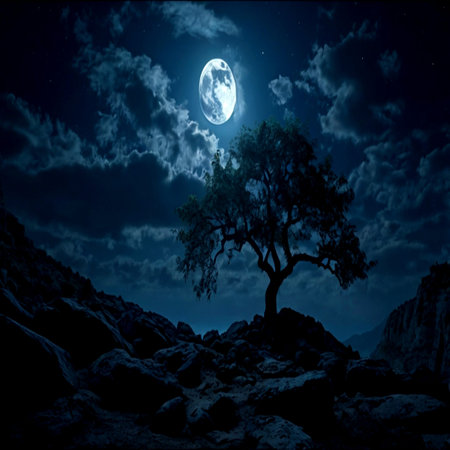 Night landscape with big tree and full moon.の写真素材