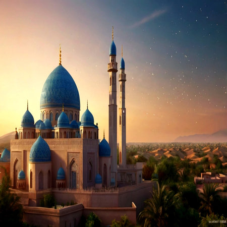 Mosque in the desert of Egypt at sunset. 3d renderingの写真素材