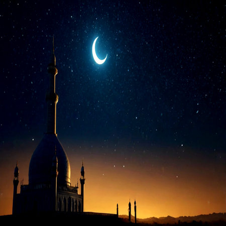 Mosque at night with moon and stars. Ramadan Kareem backgroundの写真素材
