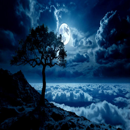 Silhouette of tree on the mountain at night with full moonの写真素材