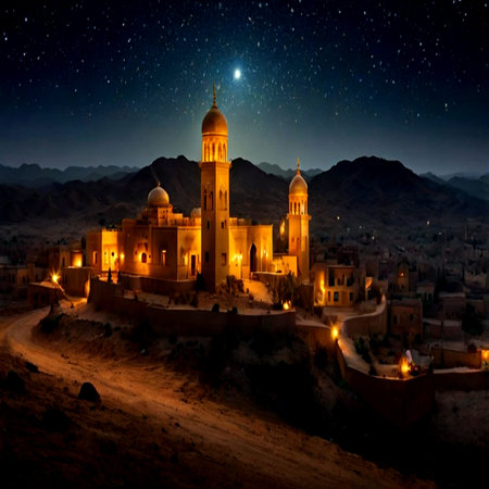 Night view of the ancient city of Ait Benhaddou, Moroccoの写真素材