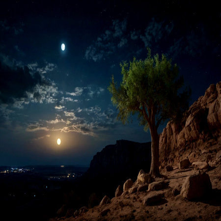 Moonlight over a tree in the mountains at night. Landscapeの写真素材