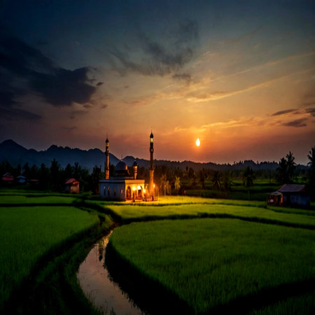 Beautiful sunset over the mosque in the middle of rice field.