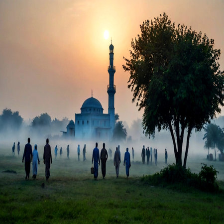 Mosque in the fog at sunrise, Agra, Uttar Pradesh, India