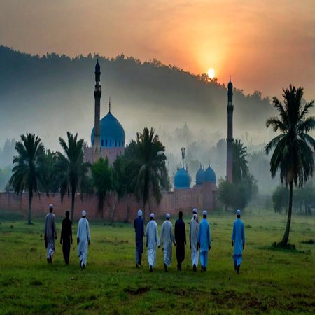 Group of Muslim people praying in front of the mosque at sunset.