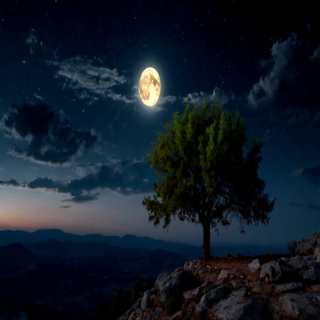 Tree and full moon in the night sky.の写真素材