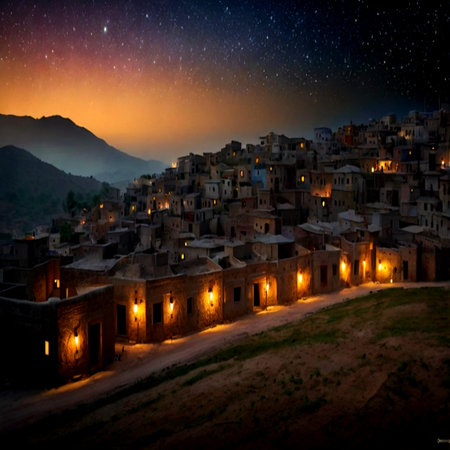 Night view of a small village in the middle of the desertの写真素材