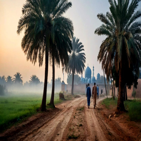 Couple walking on a dirt road through the rice fields in the morningの写真素材
